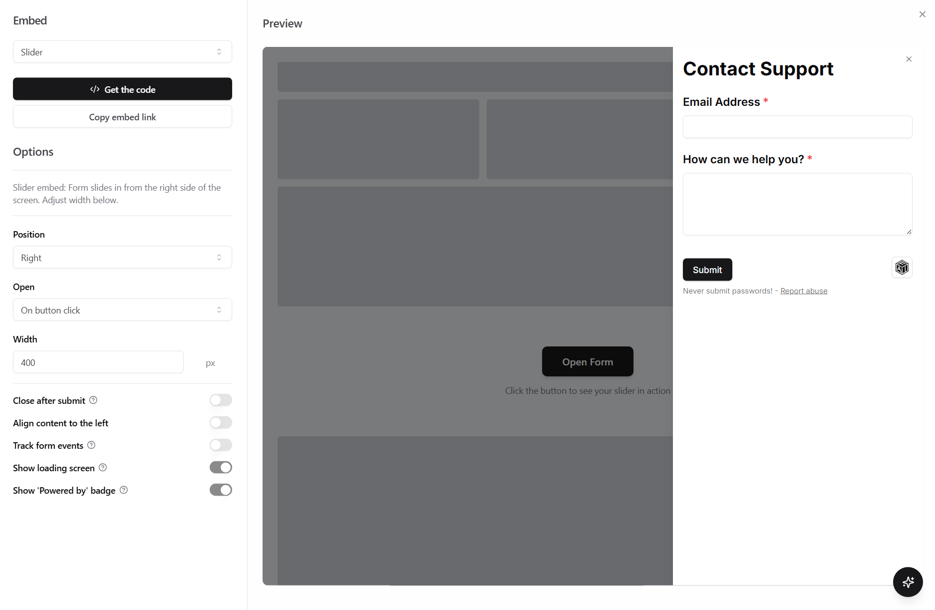Slider embed options