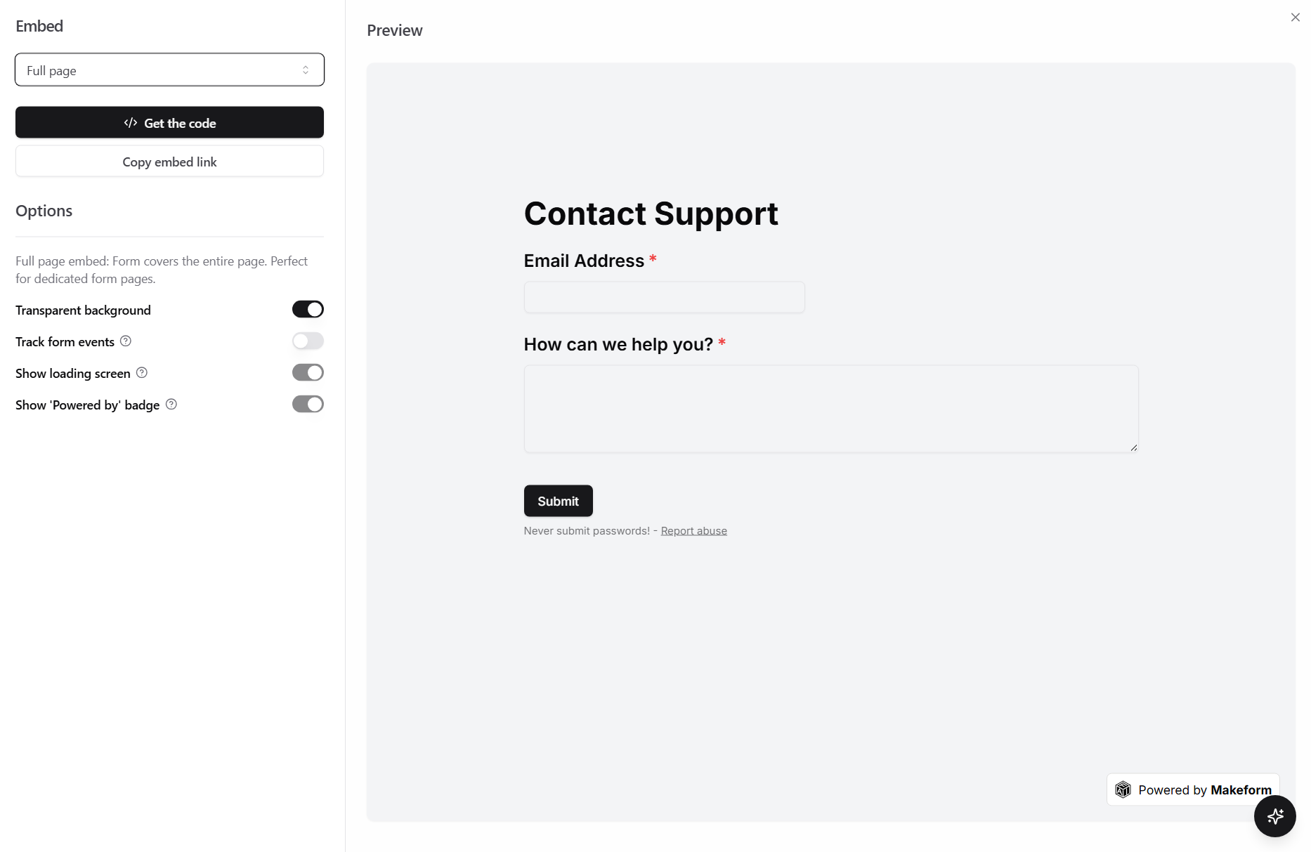 Full page embed options