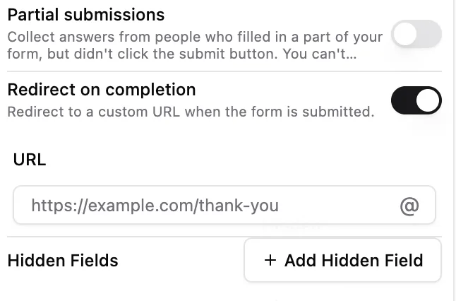 Redirect on completion setting
